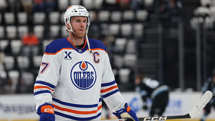 Mar 24, 2026; Salt Lake City, Utah, USA; Edmonton Oilers center Connor McDavid (97) warms up before a game against the Utah Mammoth at Delta Center. Mandatory Credit: Rob Gray-Imagn Images Mar 24, 2026; Salt Lake City, Utah, USA; Edmonton Oilers center Connor McDavid (97) warms up before a game against the Utah Mammoth at Delta Center. Mandatory Credit: Rob Gray-Imagn Images