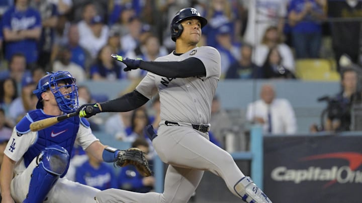 Oct 26, 2024; Los Angeles, California, USA; New York Yankees outfielder Juan Soto (22) hits a solo home run in the third inning against the Los Angeles Dodgers during game two of the 2024 MLB World Series at Dodger Stadium. Mandatory Credit: Jayne Kamin-Oncea-Imagn Images Oct 26, 2024; Los Angeles, California, USA; New York Yankees outfielder Juan Soto (22) hits a solo home run in the third inning against the Los Angeles Dodgers during game two of the 2024 MLB World Series at Dodger Stadium. Mandatory Credit: Jayne Kamin-Oncea-Imagn Images