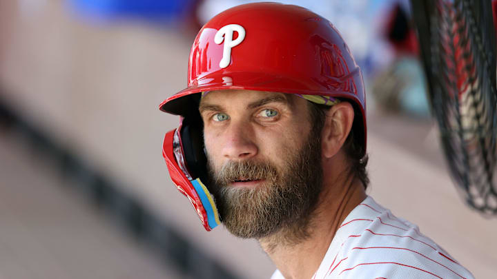 Mar 19, 2025; Clearwater, Florida, USA;  Philadelphia Phillies first base Bryce Harper (3) looks on against the New York Yankees at BayCare Ballpark