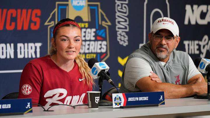Jocelyn Briski and Coach Patrick Murphy of Alabama interviews during the Women’s College World Series (WCWS) media day at Devon Park in Oklahoma City, Wednesday, May 27, 2026. Jocelyn Briski and Coach Patrick Murphy of Alabama interviews during the Women’s College World Series (WCWS) media day at Devon Park in Oklahoma City, Wednesday, May 27, 2026.