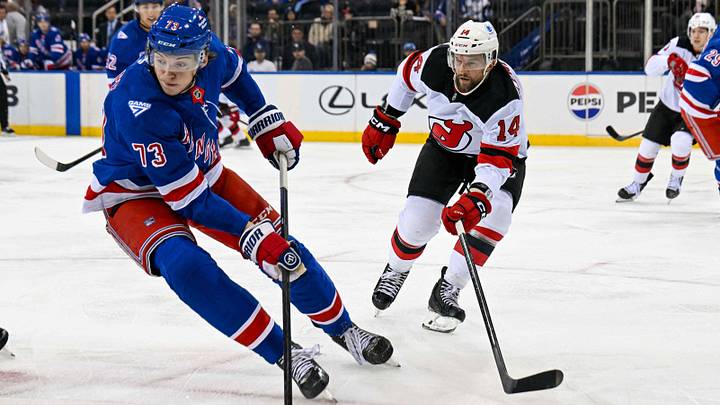 New York Rangers center Matt Rempe (73) plays for the puck during the first period at Madison Square Garden. Mandatory Credit: Dennis Schneidler-Imagn Images New York Rangers center Matt Rempe (73) plays for the puck during the first period at Madison Square Garden. Mandatory Credit: Dennis Schneidler-Imagn Images