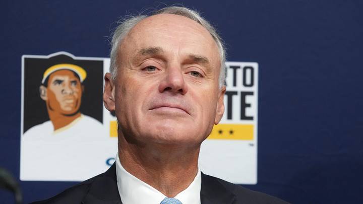 Oct 27, 2025; Los Angeles, California, USA; Major League Baseball commissioner Rob Manfred before game three of the 2025 MLB World Series between the Toronto Blue Jays and Los Angeles Dodgers at Dodger Stadium. Mandatory Credit: Kirby Lee-Imagn Images