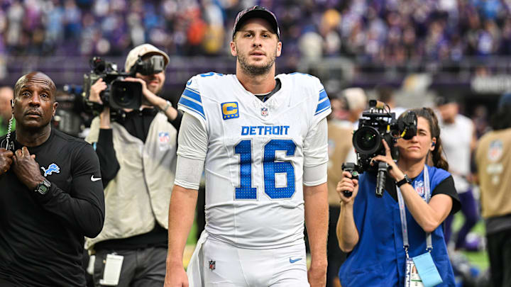 Oct 20, 2024; Minneapolis, Minnesota, USA; Detroit Lions quarterback Jared Goff (16) walks off the field after the game against the Minnesota Vikings at U.S. Bank Stadium. Mandatory Credit: Jeffrey Becker-Imagn Images Oct 20, 2024; Minneapolis, Minnesota, USA; Detroit Lions quarterback Jared Goff (16) walks off the field after the game against the Minnesota Vikings at U.S. Bank Stadium. Mandatory Credit: Jeffrey Becker-Imagn Images