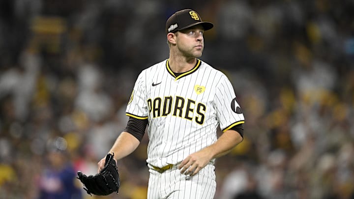 Oct 1, 2024; San Diego, California, USA; San Diego Padres pitcher Michael King (34) walks off the field after the sixth inning against the Atlanta Braves in game one of the Wildcard round for the 2024 MLB Playoffs at Petco Park. Mandatory Credit: Denis Poroy-Imagn Images