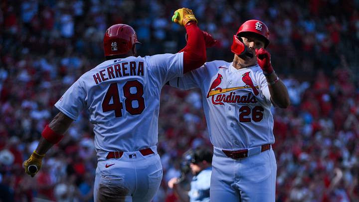 Mar 26, 2026; St. Louis, Missouri, USA; St. Louis Cardinals second baseman JJ Wetherholt (26) celebrates with designated hitter Iv‡n Herrera (48) after hitting a solo home run for his first major league hit during his major league debut in the third inning against the Tampa Bay Rays at Busch Stadium. Mandatory Credit: Jeff Curry-Imagn Images