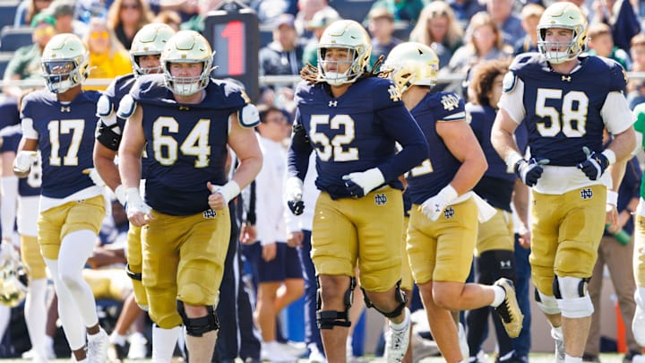 Notre Dame's offensive takes the field during the Notre Dame Blue-Gold spring football game at Notre Dame Stadium on Saturday, April 12, 2025, in South Bend.
