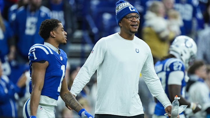 Indianapolis Colts quarterback Anthony Richardson (5) talks to Indianapolis Colts wide receiver Josh Downs (1) on Sunday, Jan. 5, 2025, during pregame warm-up at Lucas Oil Stadium in Indianapolis. Indianapolis Colts quarterback Anthony Richardson (5) talks to Indianapolis Colts wide receiver Josh Downs (1) on Sunday, Jan. 5, 2025, during pregame warm-up at Lucas Oil Stadium in Indianapolis.