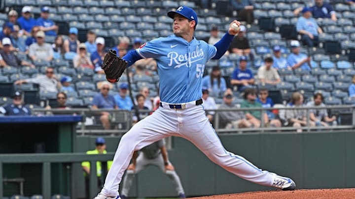 Apr 24, 2025; Kansas City, Missouri, USA; Kansas City Royals starting pitcher Cole Ragans (55) throws a pitch in the first inning against the Colorado Rockies at Kauffman Stadium. Mandatory Credit: Peter Aiken-Imagn Images Apr 24, 2025; Kansas City, Missouri, USA; Kansas City Royals starting pitcher Cole Ragans (55) throws a pitch in the first inning against the Colorado Rockies at Kauffman Stadium. Mandatory Credit: Peter Aiken-Imagn Images