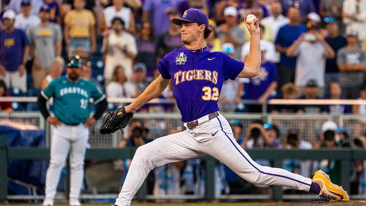 Jun 21, 2025; Omaha, Neb, USA; LSU Tigers starting pitcher Kade Anderson (32) pitches against the Coastal Carolina Chanticleers during the ninth inning at Charles Schwab Field. Mandatory Credit: Dylan Widger-Imagn Images Jun 21, 2025; Omaha, Neb, USA; LSU Tigers starting pitcher Kade Anderson (32) pitches against the Coastal Carolina Chanticleers during the ninth inning at Charles Schwab Field. Mandatory Credit: Dylan Widger-Imagn Images