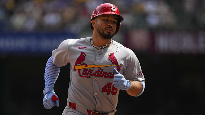 Jun 15, 2025; Milwaukee, Wisconsin, USA;  St. Louis Cardinals catcher Ivan Herrera (48) rounds the bases during the game against the Milwaukee Brewers at American Family Field. Mandatory Credit: Jeff Hanisch-Imagn Images