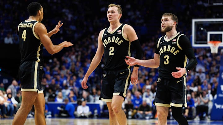 Purdue Boilermakers guard Fletcher Loyer (2), guard Braden Smith (3) and forward Trey Kaufman-Renn (4) 