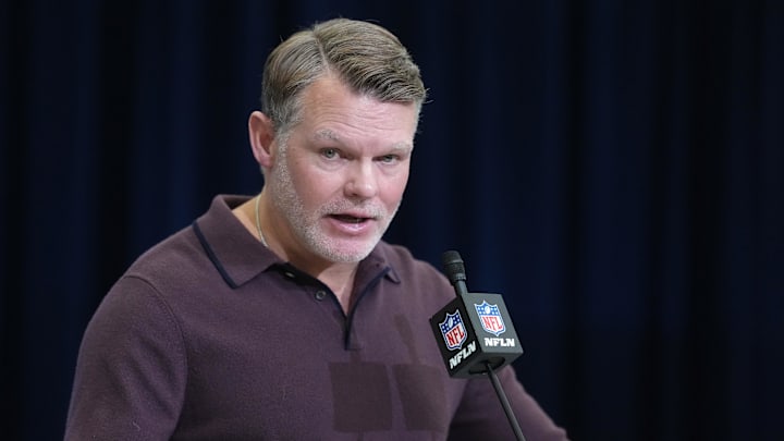Feb 24, 2026; Indianapolis, IN, USA; Indianapolis Colts general manager Chris Ballard speaks at the NFL Scouting Combine at the Indiana Convention Center. Mandatory Credit: Kirby Lee-Imagn Images