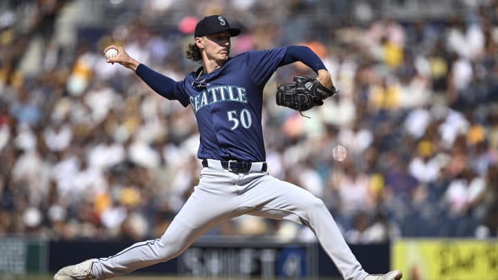 Seattle Mariners starting pitcher Bryce Miller throws against the San Diego Padres during the first inning of a game Wednesday at Petco Park in San Diego.