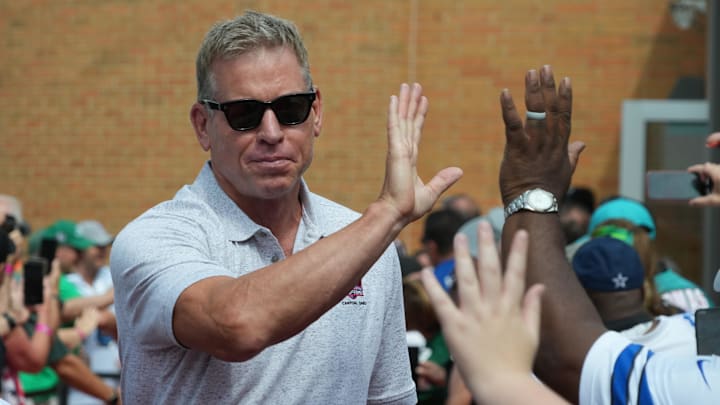 Troy Aikman arrives on the red carpet for the 2023 Pro Football Hall of Fame Enshrinement at Tom Benson Hall of Fame Stadium.