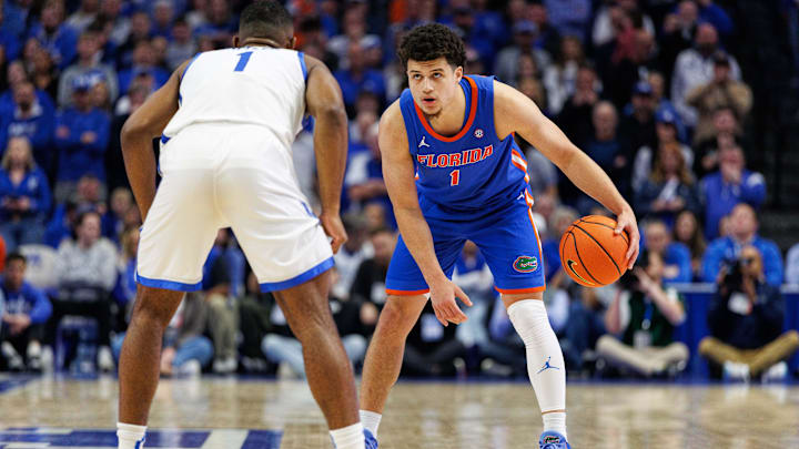 Jan 4, 2025; Lexington, Kentucky, USA; Florida Gators guard Walter Clayton Jr. (1) handles the ball during the first half against the Kentucky Wildcats at Rupp Arena at Central Bank Center. Mandatory Credit: Jordan Prather-Imagn Images