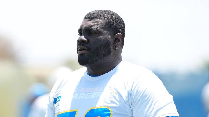 May 27, 2025; El Segundo, CA, USA; Los Angeles Chargers guard Mekhi Becton (73) during organized team activities at The Bolt. Mandatory Credit: Kirby Lee-Imagn Images