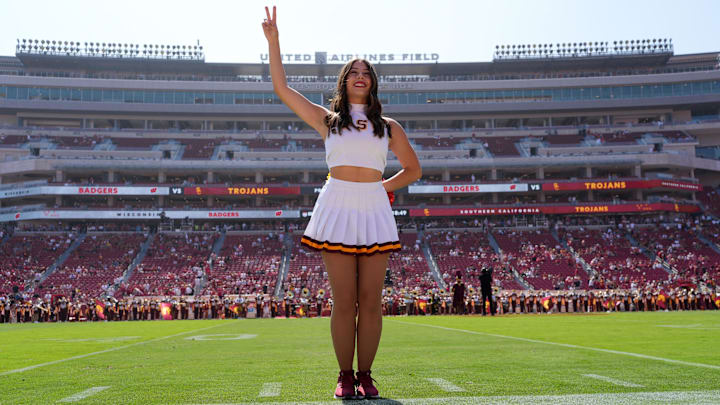 Sep 28, 2024; Los Angeles, California, USA; Southern California Trojans song girls cheerleader during the game against the Wisconsin Badgers at United Airlines Field at Los Angeles Memorial Coliseum. Mandatory Credit: Kirby Lee-Imagn Images