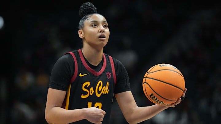 Mar 10, 2024; Las Vegas, NV, USA; Southern California Trojans guard JuJu Watkins (12) shoots the ball against the Stanford Cardinal in the second half of the Pac-12 Tournament women's championship game at MGM Grand Garden Arena. Mandatory Credit: Kirby Lee-Imagn Images