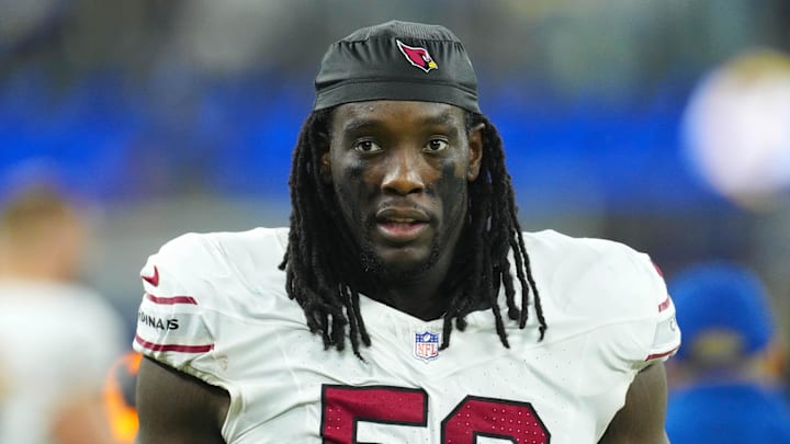 Dec 28, 2024; Inglewood, California, USA; Arizona Cardinals defensive end Darius Robinson (56) reacts against the Los Angeles Rams in the second half at SoFi Stadium. Mandatory Credit: Kirby Lee-Imagn Images Dec 28, 2024; Inglewood, California, USA; Arizona Cardinals defensive end Darius Robinson (56) reacts against the Los Angeles Rams in the second half at SoFi Stadium. Mandatory Credit: Kirby Lee-Imagn Images