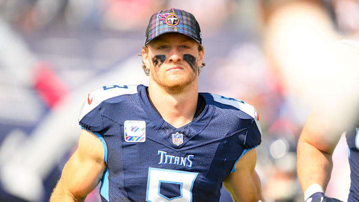 Oct 13, 2024; Nashville, Tennessee, USA;  Tennessee Titans Will Levis (8) takes the field against the Indianapolis Colts during the first half at Nissan Stadium.