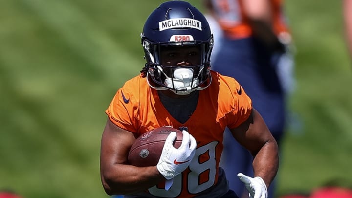 Denver Broncos running back Jaleel McLaughlin (38) during organized team activities at Centura Health Training Center. 