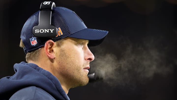Dec 7, 2025; Green Bay, Wisconsin, USA; Chicago Bears head coach Ben Johnson looks on during the second quarter against the Green Bay Packers at Lambeau Field. Mandatory Credit: Jeff Hanisch-Imagn Images