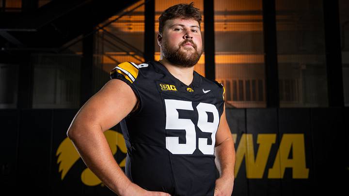 Iowa offensive lineman Trevor Lauck (59) stands for a portrait during Hawkeye football media day, Friday, Aug. 14, 2026, in Iowa City.
