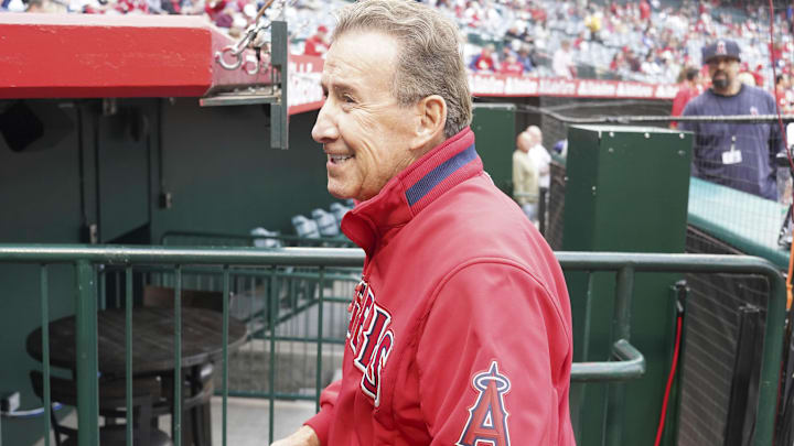 May 24, 2023; Anaheim, California, USA; Los Angeles Angels owner Arte Moreno reacts during the game against the Boston Red Sox  at Angel Stadium. Mandatory Credit: Kirby Lee-Imagn Images