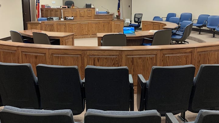 The 350th District Court at the Taylor County Courthouse stands empty, awaiting the next trial, in a photo taken on April 26, 2024.