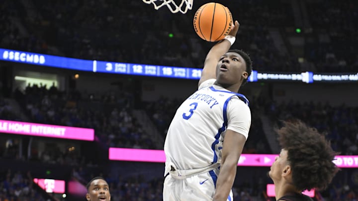 Mar 15, 2024; Nashville, TN, USA; Kentucky Wildcats guard Adou Thiero (3) slam dunks the ball
