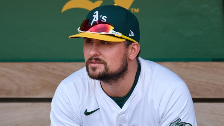 May 4, 2024; Oakland, California, USA; Oakland Athletics infielder J.D. Davis (5) before the game between the Oakland Athletics and the Miami Marlins at Oakland-Alameda County Coliseum. Mandatory Credit: Robert Edwards-USA TODAY Sports