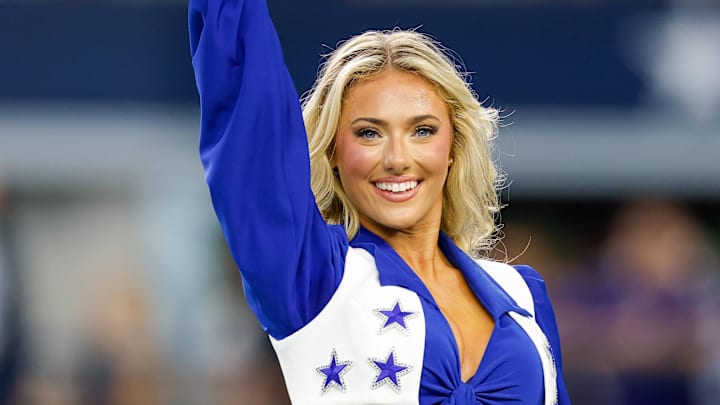 Sep 22, 2024; Arlington, Texas, USA; The Dallas Cowboys Cheerleaders perform during the game against the Baltimore Ravens at AT&T Stadium. Mandatory Credit: Andrew Dieb-Imagn Images