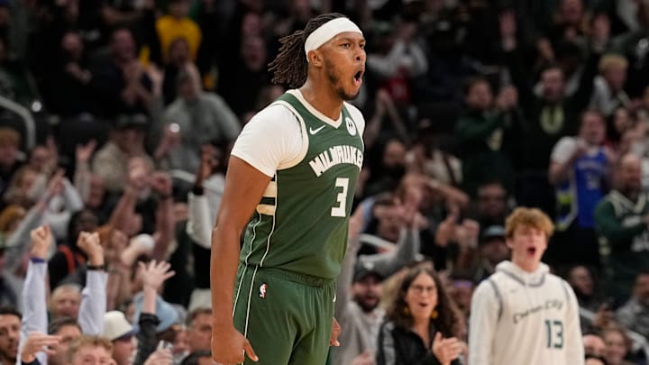 Milwaukee Bucks center Myles Turner (3) celebrating during a game against the Golden State Warriors. Milwaukee Bucks center Myles Turner (3) celebrating during a game against the Golden State Warriors.