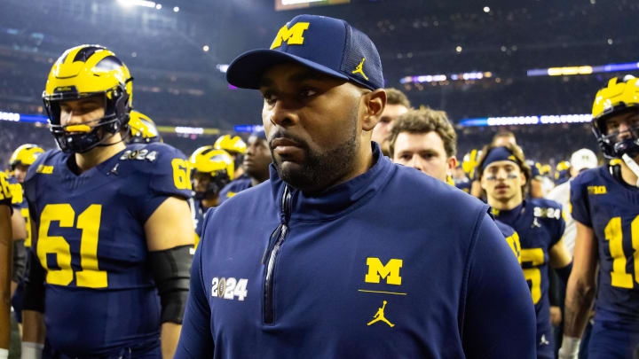 Jan 8, 2024; Houston, TX, USA; Michigan Wolverines offensive coordinator Sherrone Moore against the Washington Huskies during the 2024 College Football Playoff national championship game at NRG Stadium. Mandatory Credit: Mark J. Rebilas-USA TODAY Sports