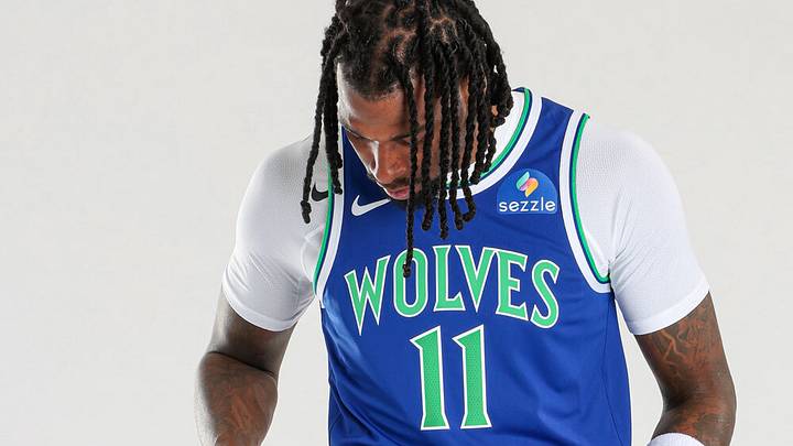 Naz Reid models one of the Timberwolves' new uniforms Naz Reid models one of the Timberwolves' new uniforms