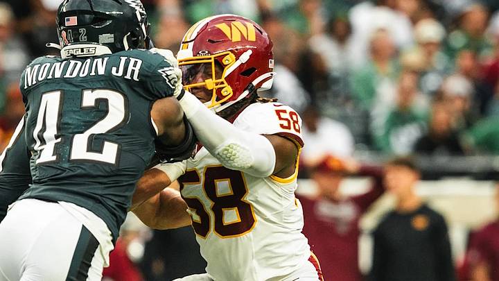 Washington Commanders linebacker Jordan Magee (No. 58) engages a Philadelphia Eagles blocker during Washington’s Week 1 matchup at Lincoln Financial Field. Washington Commanders linebacker Jordan Magee (No. 58) engages a Philadelphia Eagles blocker during Washington’s Week 1 matchup at Lincoln Financial Field.