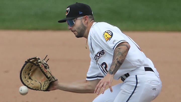 Akron RubberDucks first baseman CJ Kayfus fields a grounder against the Harrisburg Senators on Tuesday, Aug. 20, 2024, at Canal Park. Akron RubberDucks first baseman CJ Kayfus fields a grounder against the Harrisburg Senators on Tuesday, Aug. 20, 2024, at Canal Park.