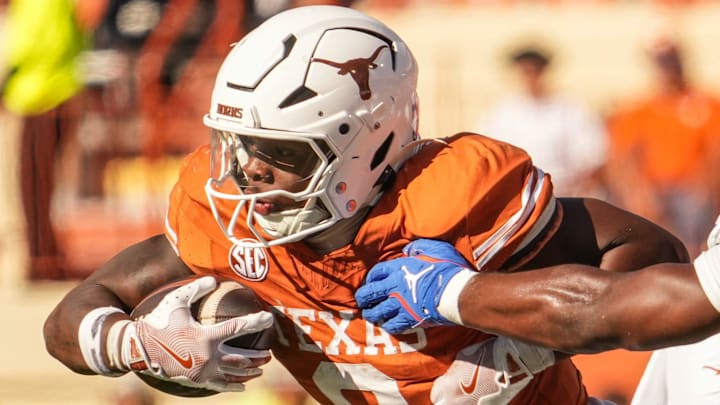 Texas Longhorns running back Jerrick Gibson (9) advances the ball during the Longhorns' game against the Florida Gators, Nov. 9, 2024 at Darrell K. Royal Texas Memorial Stadium in Austin.