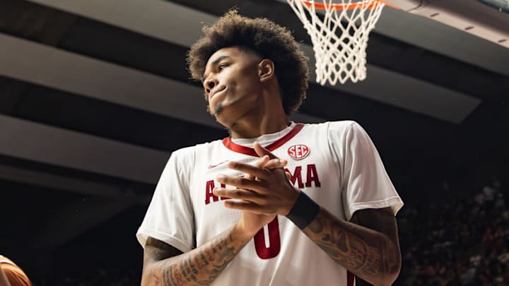 Alabama guard Labaron Philon Jr celebrates a play in the first half of the Texas game on Jan. 10, 2025. Alabama guard Labaron Philon Jr celebrates a play in the first half of the Texas game on Jan. 10, 2025.