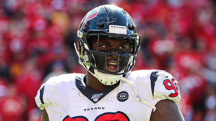 Oct 13, 2019; Kansas City, MO, USA; Houston Texans defensive end D.J. Reader (98) reacts after a play against the Kansas City Chiefs at Arrowhead Stadium. Mandatory Credit: Jay Biggerstaff-Imagn Images