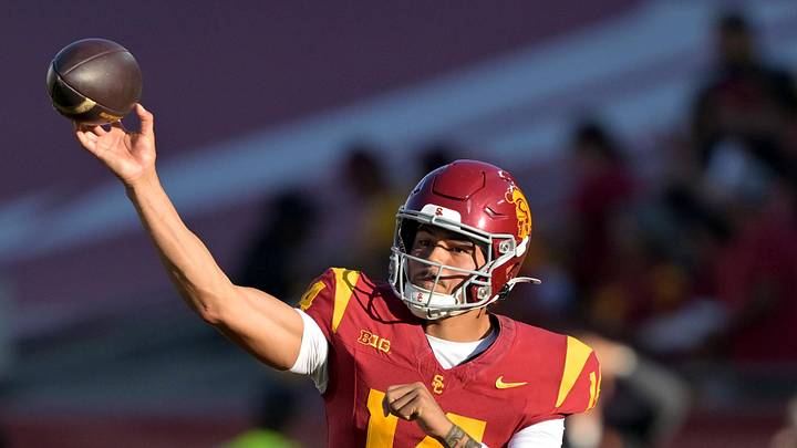 Oct 11, 2025; Los Angeles, California, USA;  USC Trojans quarterback Jayden Maiava (14) throws a pass in the first half against the Michigan Wolverines at United Airlines Field at the Los Angeles Memorial Coliseum. Mandatory Credit: Jayne Kamin-Oncea-Imagn Images