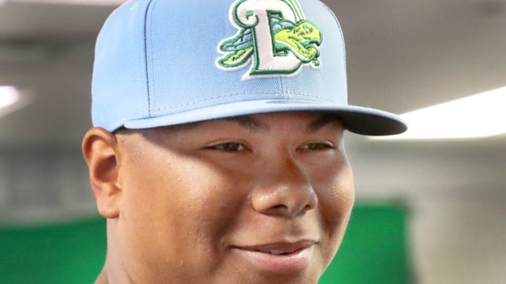 Daytona Tortugas catcher Alfredo Duno grins during an interview, Wednesday, April 3, 2024.
