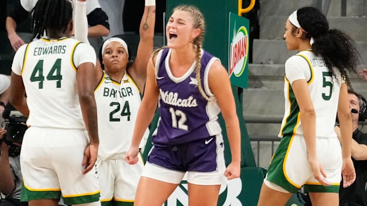 Jan 22, 2024; Waco, Texas, USA; Kansas State Wildcats guard Gabby Gregory (12) celebrates after a foul is called.