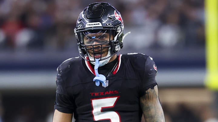 Nov 18, 2024; Arlington, Texas, USA; Houston Texans safety Jalen Pitre (5) reacts during the second half against the Dallas Cowboys at AT&T Stadium. Mandatory Credit: Kevin Jairaj-Imagn Images