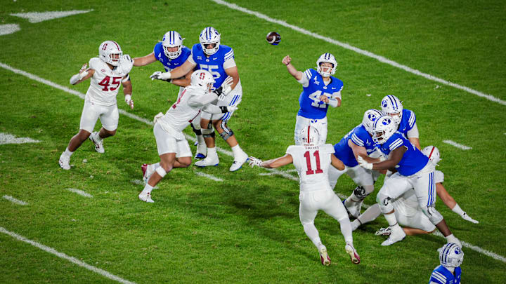 BYU quarterback Bear Bachmeier attempts a throw against Stanford BYU quarterback Bear Bachmeier attempts a throw against Stanford