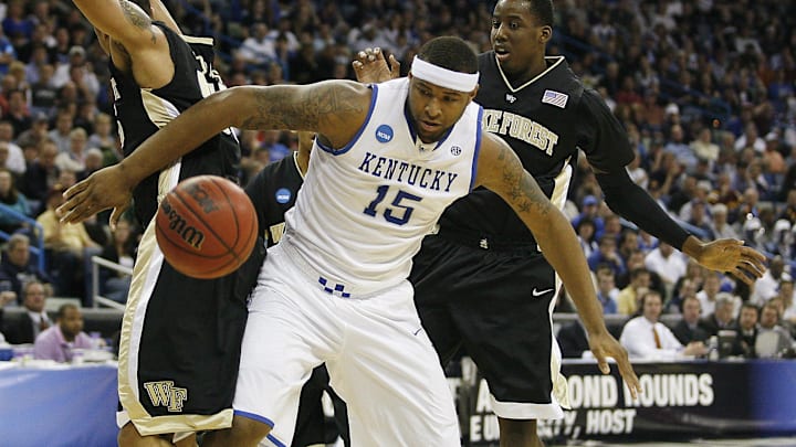 Mar 20, 2010; New Orleans, LA, USA; Kentucky Wildcats forward DeMarcus Cousins (15) loses the ball in front of Wake Forest Demon Deacons forward Al-Farouq Aminu (1) during the first half in the second round of the 2010 NCAA mens basketball tournament at the New Orleans Arena. Mandatory Credit: Crystal LoGiudice-Imagn Images