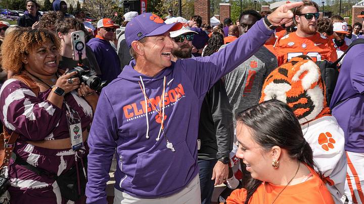 Clemson head coach Dabo Swinney during Tiger Walk before the annnual Clemson Orange and White spring game at Memorial Stadium in Clemson, South Carolina Saturday, March 28, 2026. Clemson head coach Dabo Swinney during Tiger Walk before the annnual Clemson Orange and White spring game at Memorial Stadium in Clemson, South Carolina Saturday, March 28, 2026.