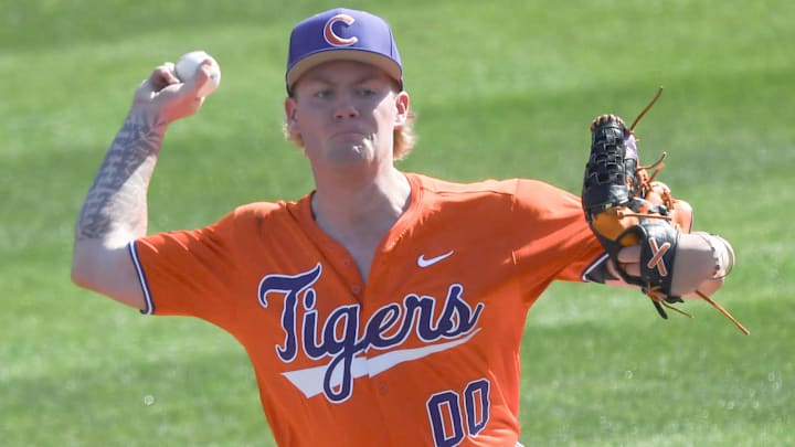 Clemson pitcher Drew Titsworth (00) pitches to University of Louisville during the top of the first inning at Doug Kingsmore Stadum in Clemson, S.C. Friday, April 18, 2025.