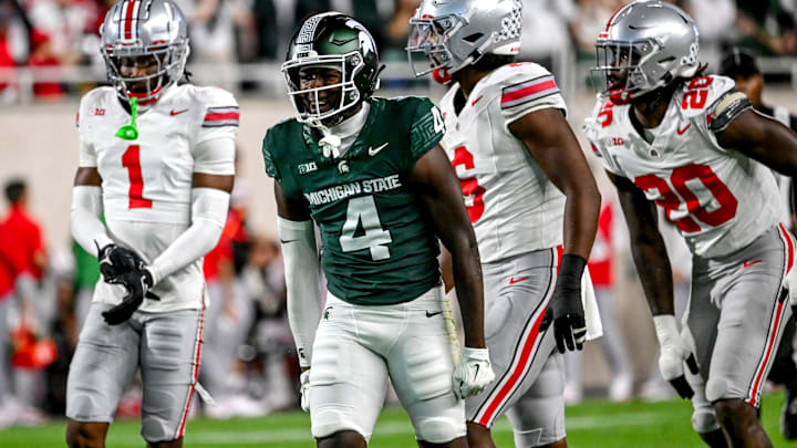 Michigan State's Jaron Glover celebrates after a first down catch against Ohio State during the second quarter on Saturday, Sept. 28, 2024, at Spartan Stadium in East Lansing. Michigan State's Jaron Glover celebrates after a first down catch against Ohio State during the second quarter on Saturday, Sept. 28, 2024, at Spartan Stadium in East Lansing.