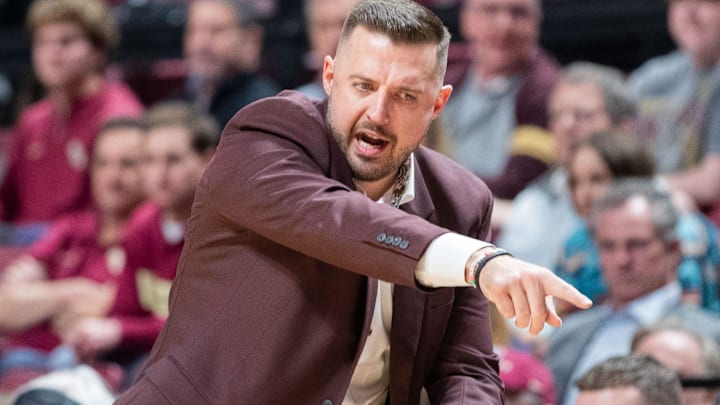 Florida State Seminoles head coach Luke Loucks calls a play from the bench. The Virginia Cavaliers defeated the Florida State Seminoles 61-58 at the Tucker Civic Center on Tuesday, Feb. 10, 2026.